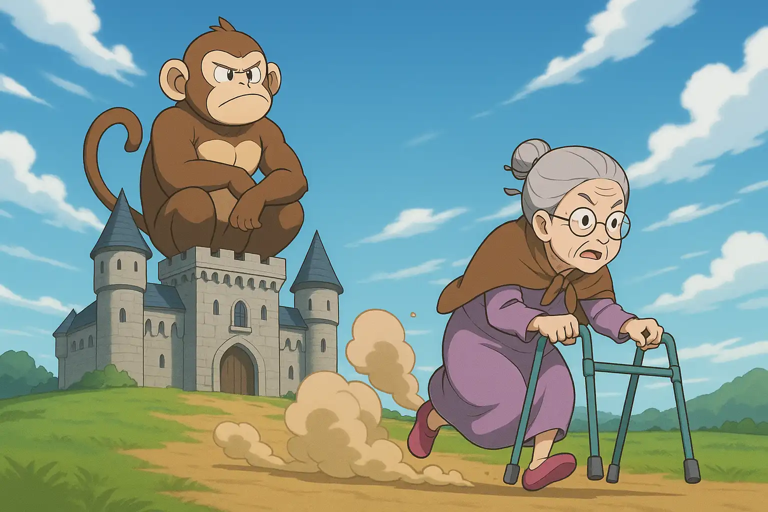 Anime-style granny with a walker blasting across the battlefield in a cloud of dust, fleeing from a towering castle while an offended Monkey sits on the ramparts with crossed arms.