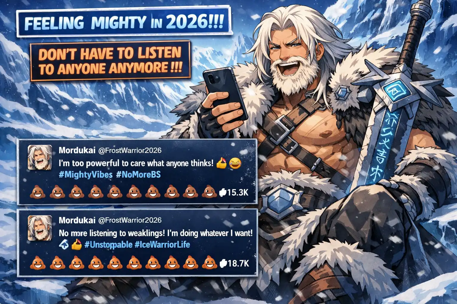 World chat screenshot showing Mordukai spam-posting about feeling mighty in 2026 and not having to listen to people anymore, with rows of emoji reactions