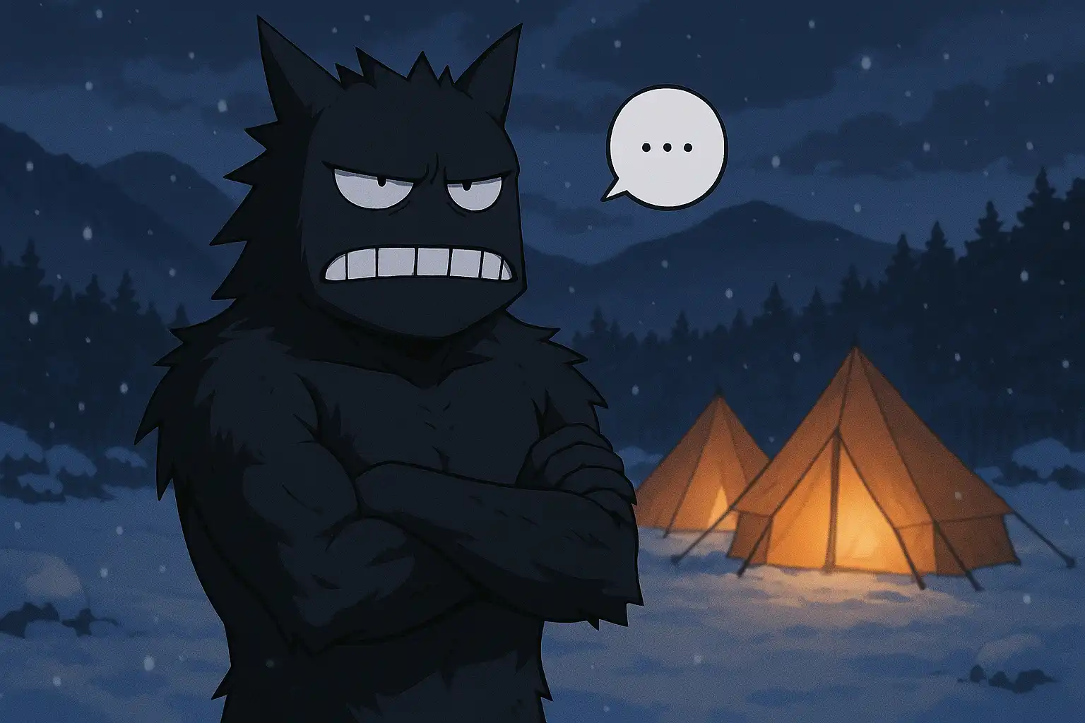 Anime-style Mordukai standing in the snow with crossed arms, expression flat and unimpressed, faint speech bubble containing ellipses while distant camp tents glow behind him, 2:1 landscape
