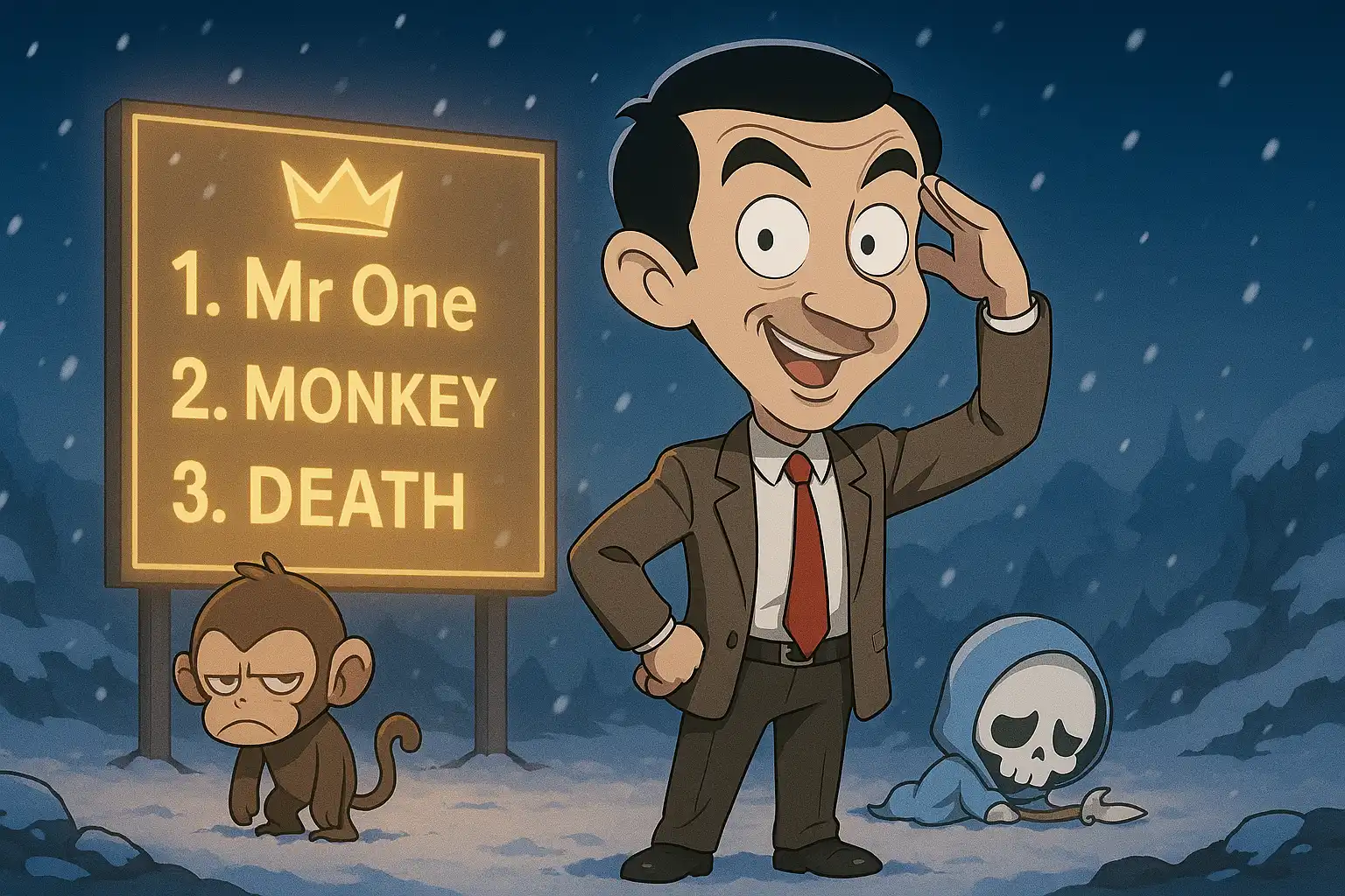 Cartoon Mr. Bean–style character standing victorious on an anime winter battlefield with falling snow, glowing leaderboard behind him, defeated cartoon monkey and baby death in the distance, dramatic lighting, triumphant upset, true 2:1 landscape