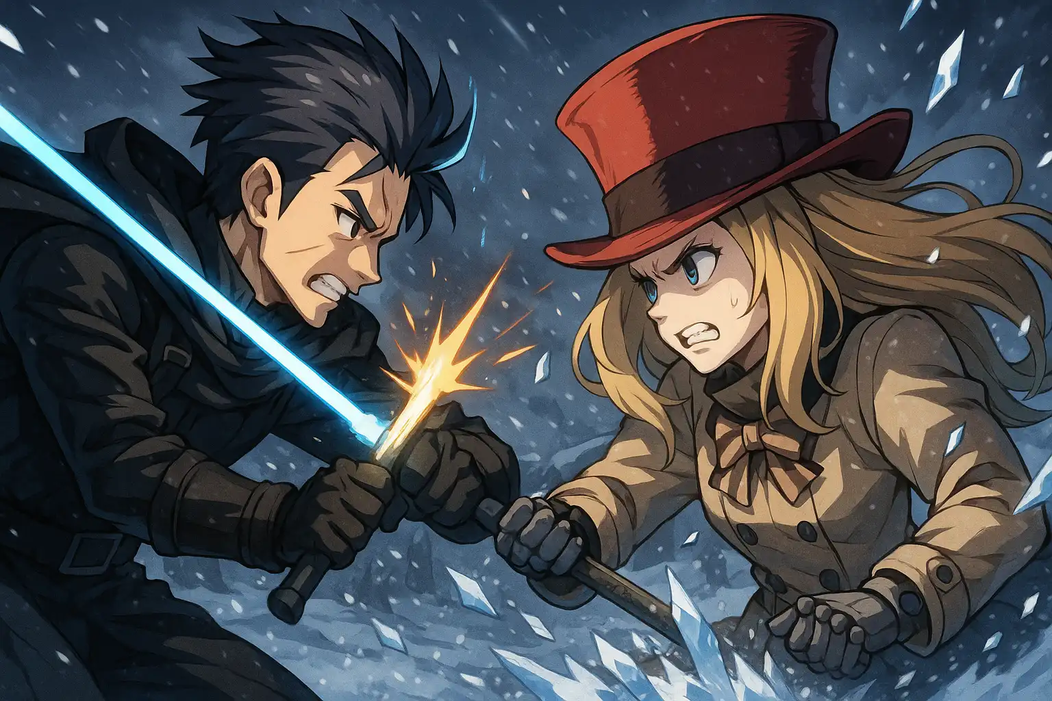Anime-style battle scene of Dark Neo striking decisively while Cammie, a fierce red-hatted android girl, braces amid snowy sparks and shattered ice.