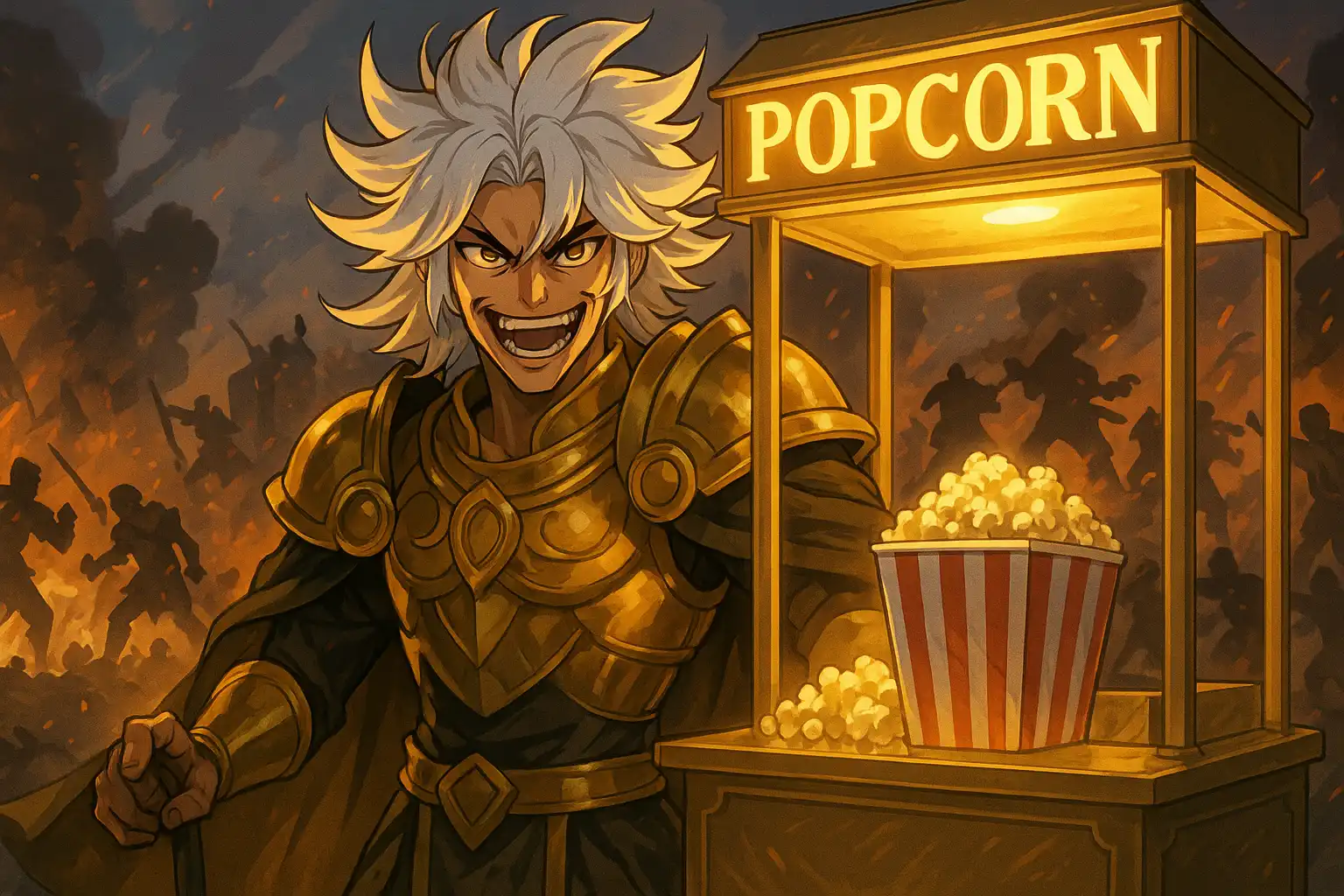 Chibi Sun God Nika in radiant golden armor, selling popcorn from a divine concession stand while state members argue, fight, and cause chaos in the background.
