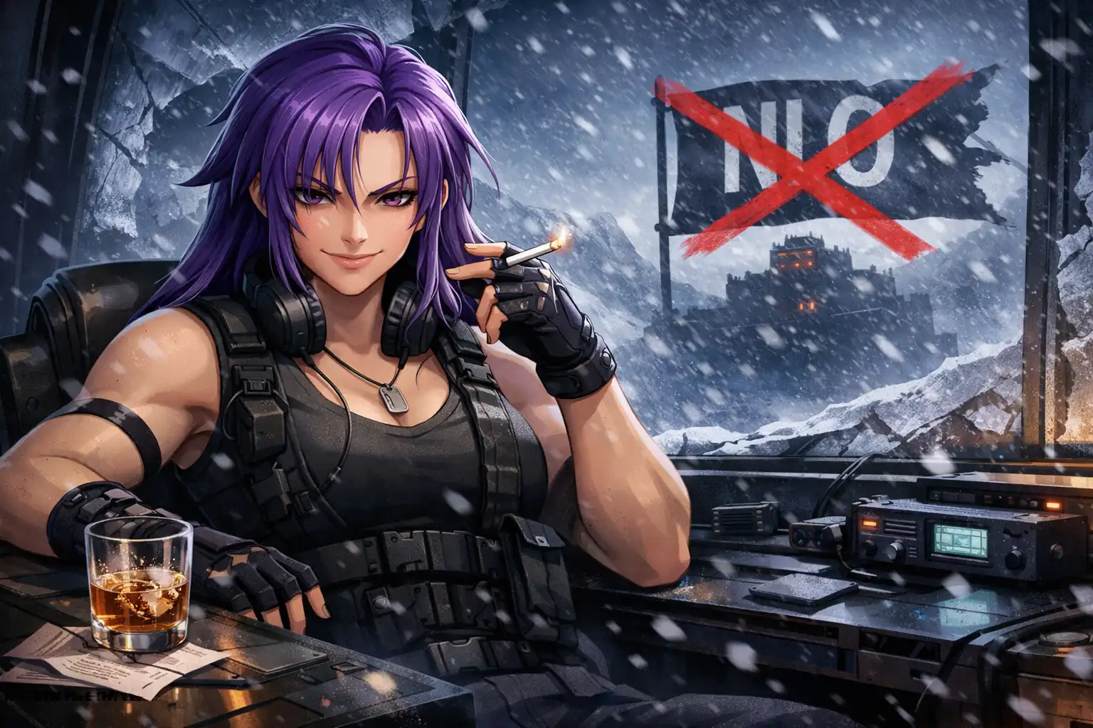 Anime-style 2:1 landscape of Whaleslaughter at a frost-lit command desk, purple hair and muscular build, smirking while a blizzard rages outside and a distant NLO banner is crossed out in red; the mood is decisive and petty in the most strategic way