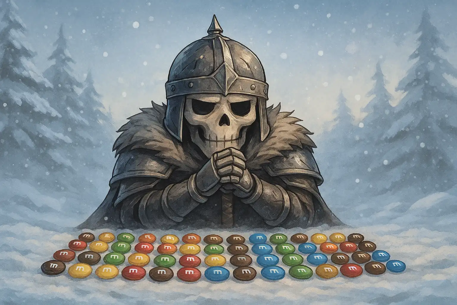 Anime-style portrait of an armored skeleton surrounded by carefully rationed M&M candies, calm determination, quiet pride, winter tones, true 2:1 landscape