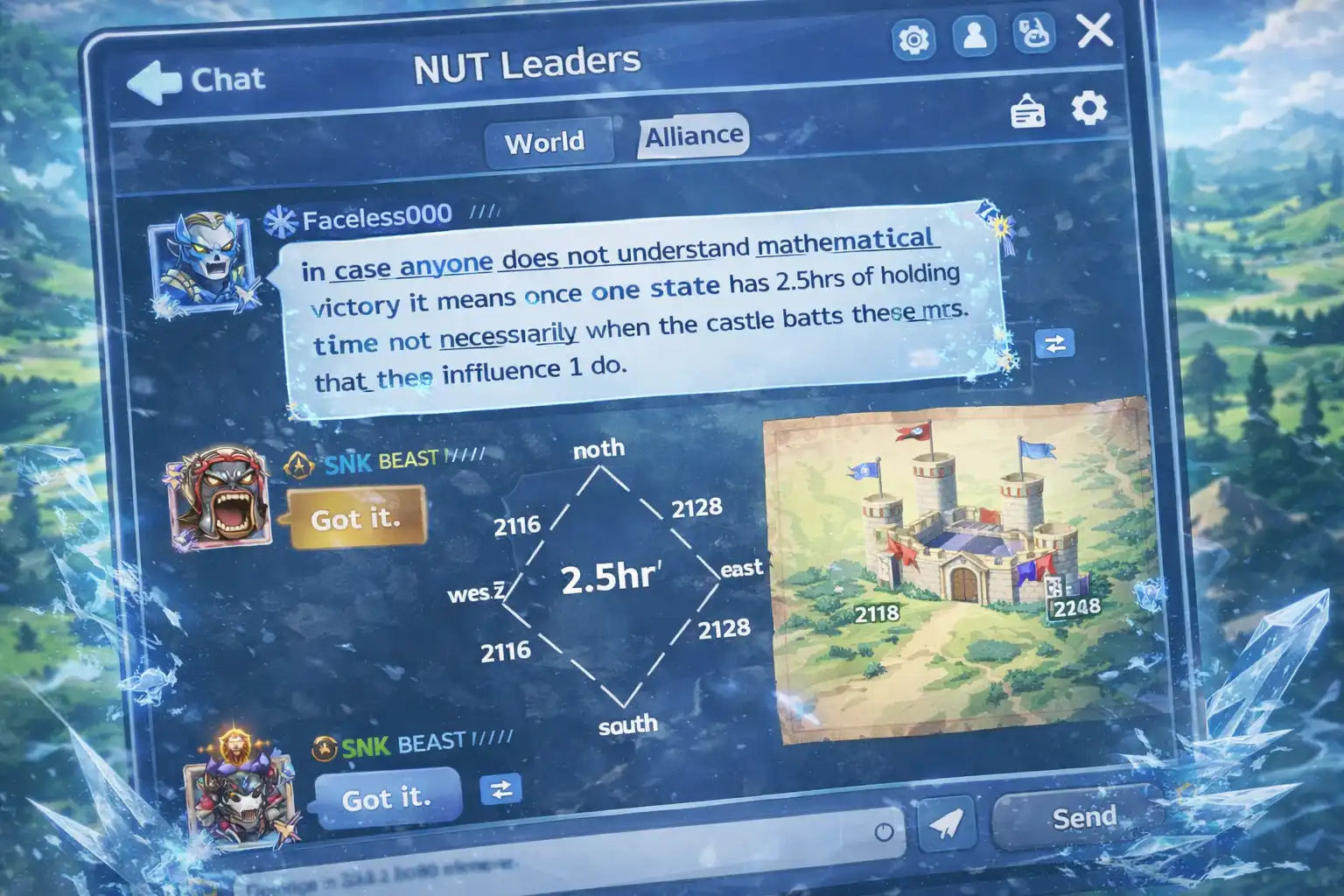Alliance chat screen showing a diagrammed castle and a calm but pointed rules clarification, with leaders explaining victory math rather than shouting.