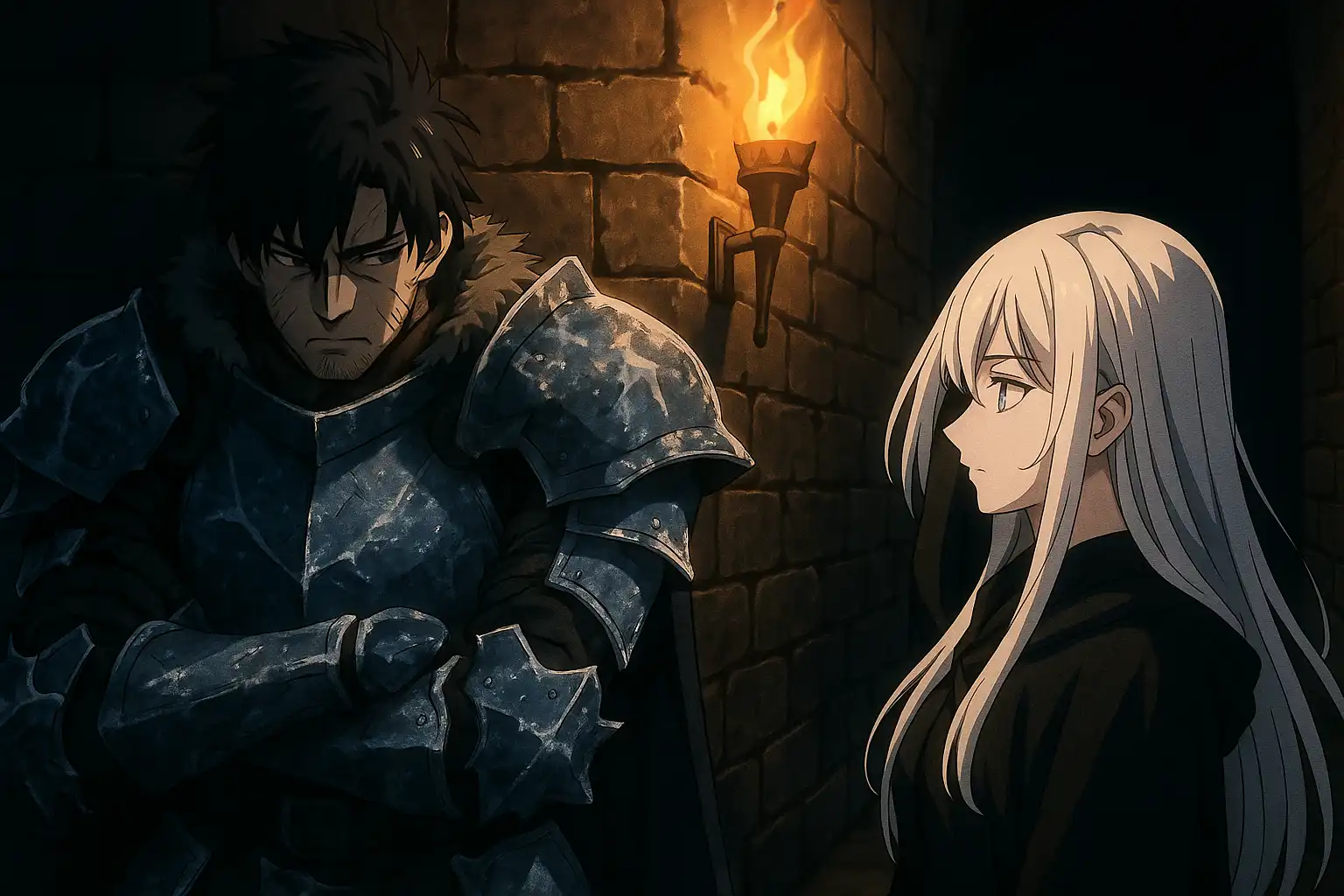 Anime-style brooding warrior in frost-covered armor leaning against a wall in dim torchlight, Sin passing by in the background with a neutral expression, their paths crossing without conflict, 2:1 landscape