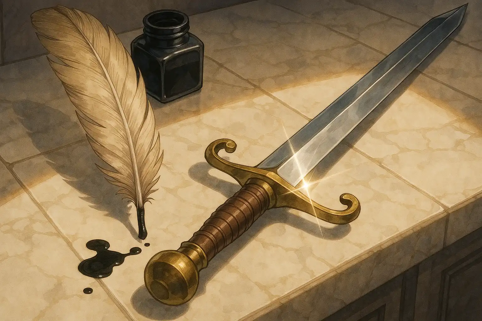 Anime-style illustration of a quill and sword resting on a marble table, light glinting off the steel while ink drips nearby — scholarly and dangerous at once.
