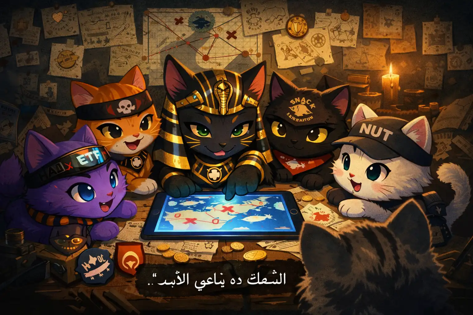 Anime-style cats from multiple alliances huddled around a glowing secret chat screen plotting a fish heist, Pharaonic Cat in the center with gold and black shifting fur, tiny maps and alliance logos scattered around