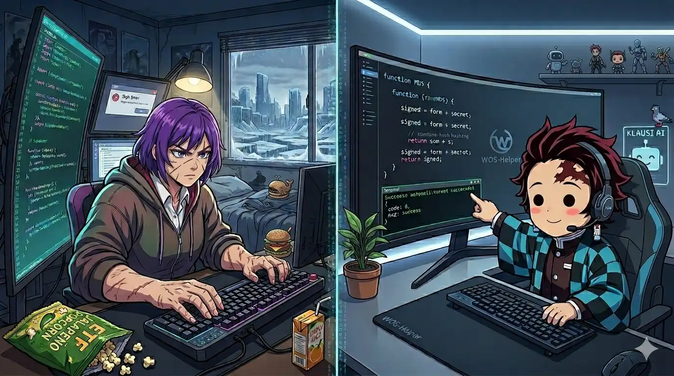 A split-screen anime-style landscape of a collaborative coding session. On the left, a purple-haired woman (Whaleslaughter) in a hoodie works intensely at a desk covered in 'ETF-No' Jalapeño Popcorn and orange juice, with snowy Tundra ruins visible through her window. On the right, a boy with round black eyes (reminiscent of the Pooparoni avatar) points at a curved monitor displaying a 'Success' message for the WOS-Helper API. The room features a 'Klausi AI' robot and a small pigeon on a shelf.