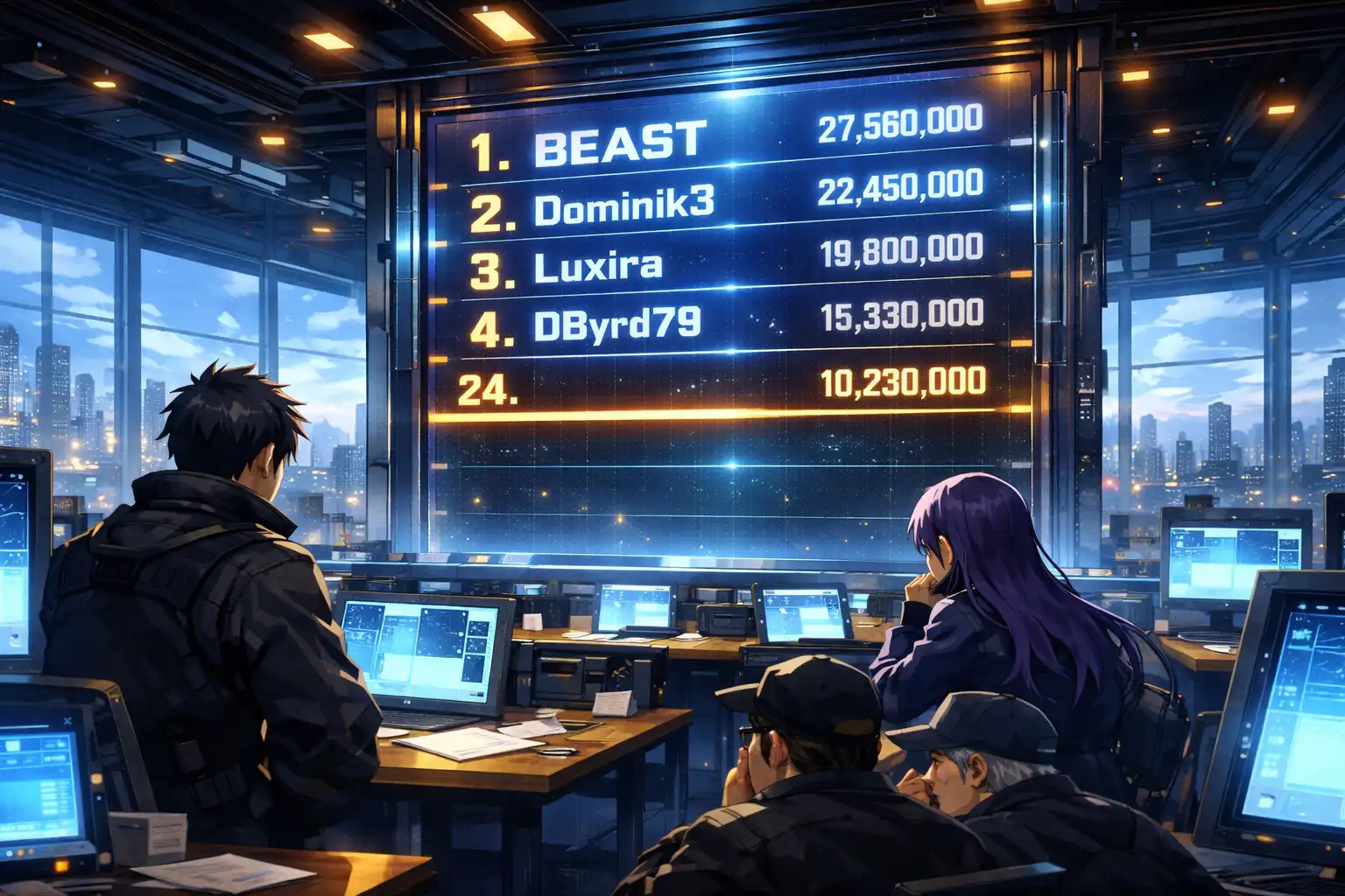 A glowing leaderboard dominates a command room, names and scores stacked high while a lone entry sits conspicuously lower, drawing side-eye from onlookers.