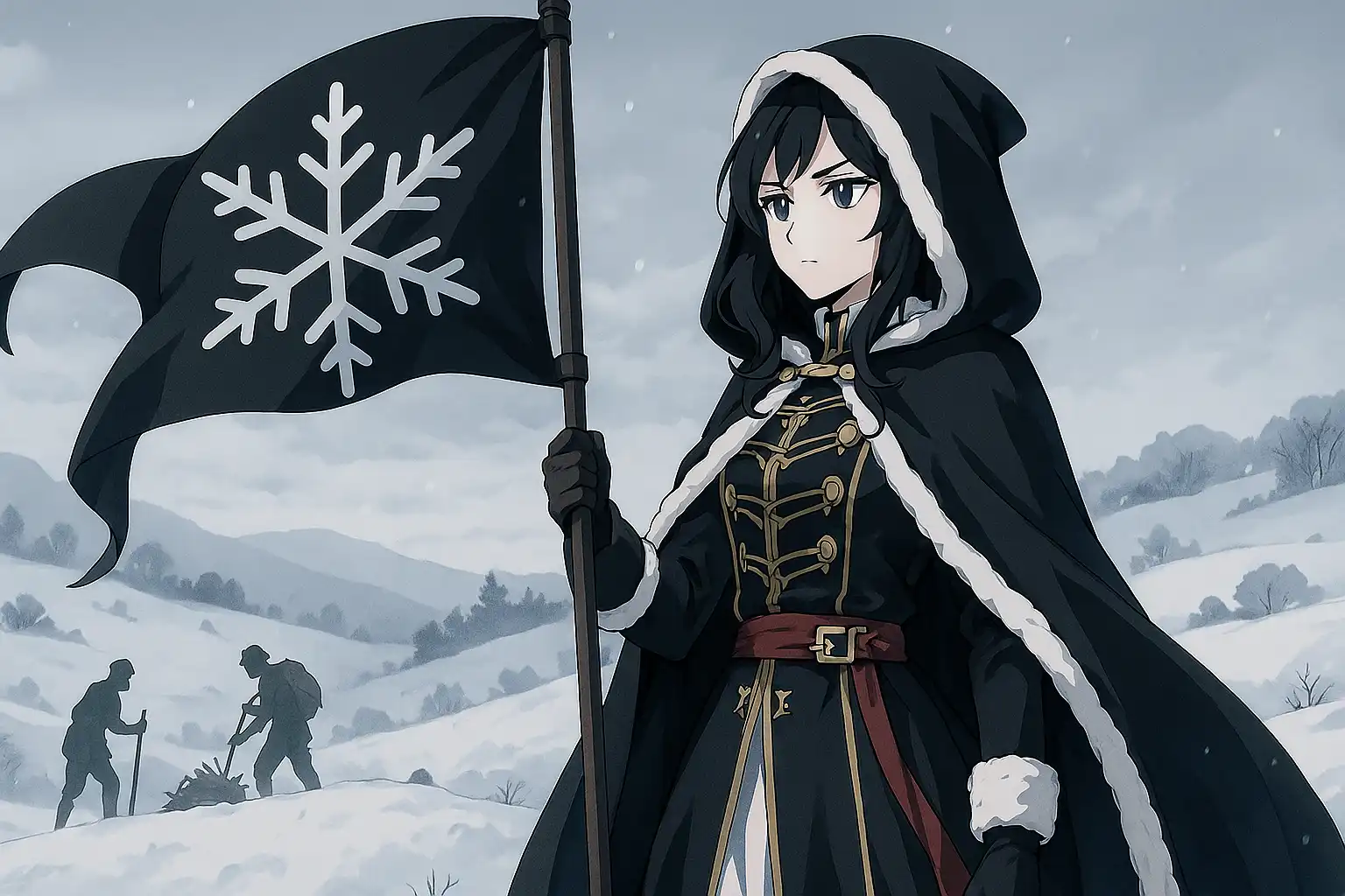 Anime-style regal winter commander standing on a snowy hill with calm posture, holding a banner of justice while Phil and Salah appear as distant silhouettes gathering resources near her borders, 2:1 landscape