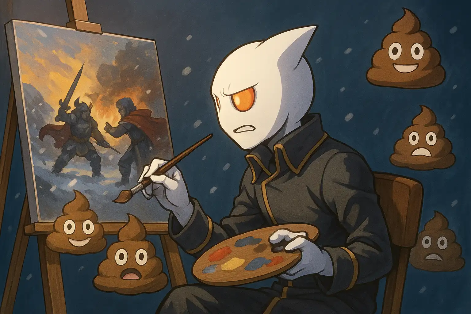 Anime-style scene of an overworked AI artist frantically painting majestic battle scenes while tiny poop emojis appear in the background against its will.