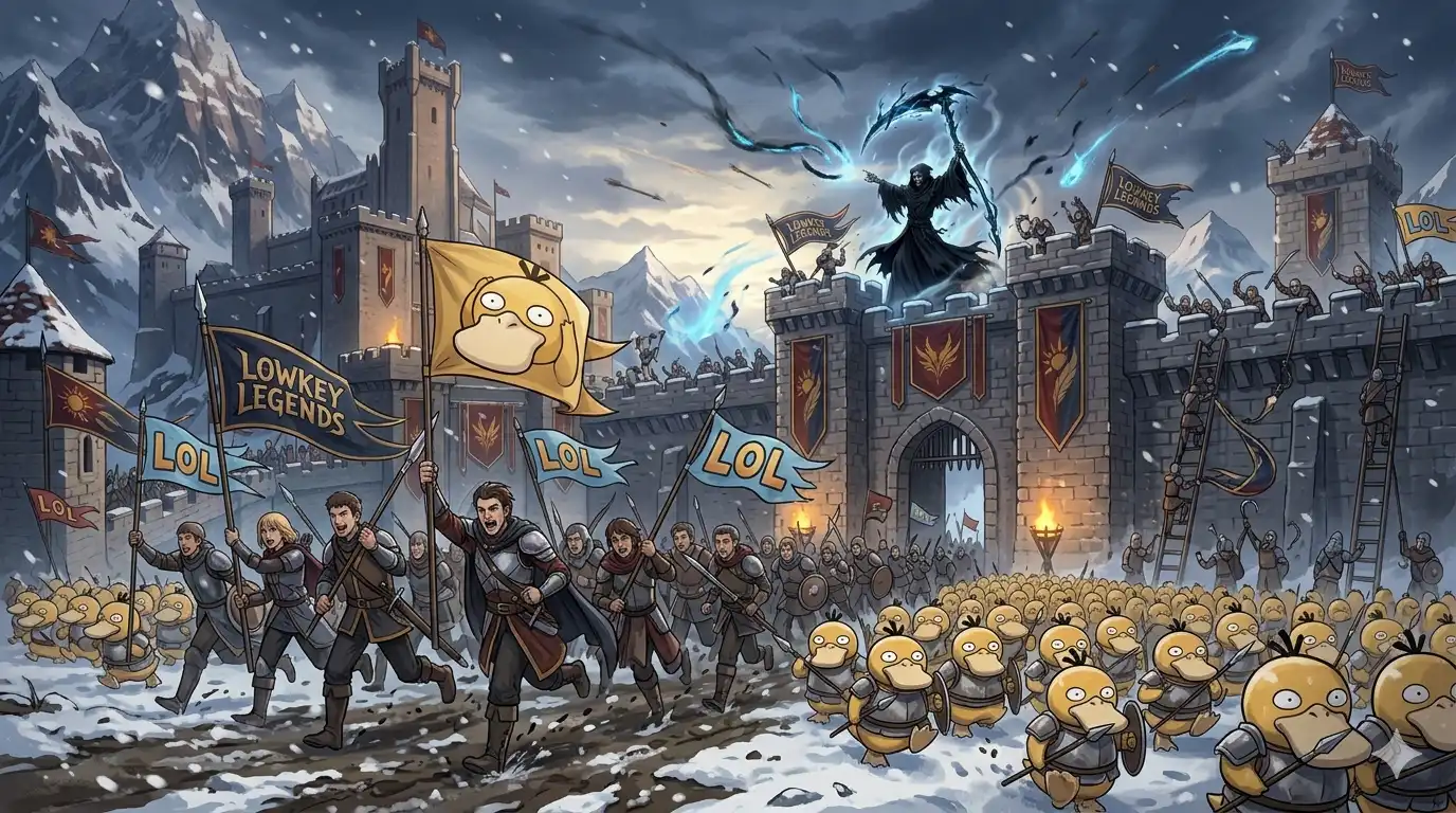 Lowkey Legends and an army of Psyducks being driven out of the Sunfire Castle gates under LoL banners, Death visible on the battlements, the retreat is organized and extremely temporary