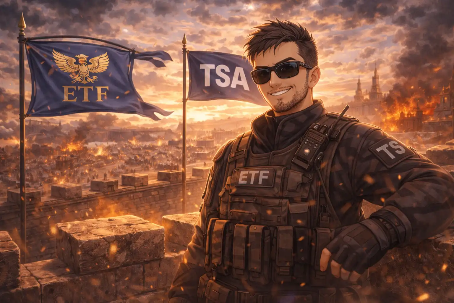Documentary-style landscape of Salah standing atop the Sunfire Castle ramparts, wearing tactical sunglasses and a smirk, while ETF and TSA banners fly side-by-side behind him