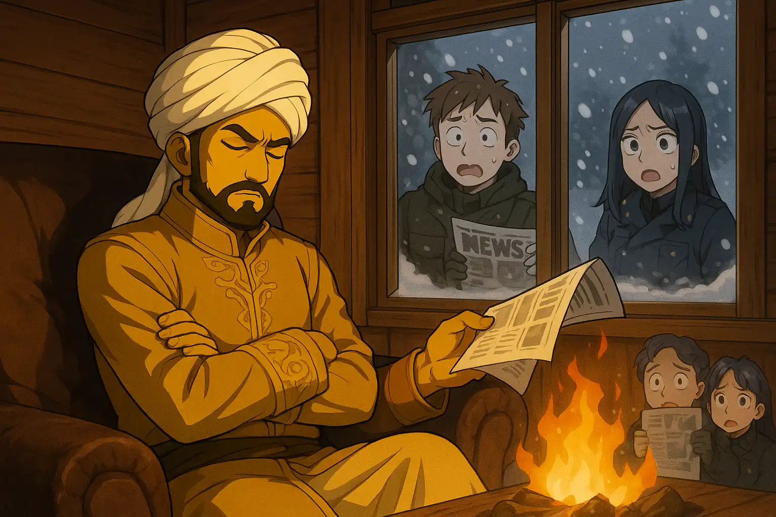 Anime-style scene of Salah sitting in a cozy cabin tossing a newspaper into the fire while BIA reporters outside look scandalized.