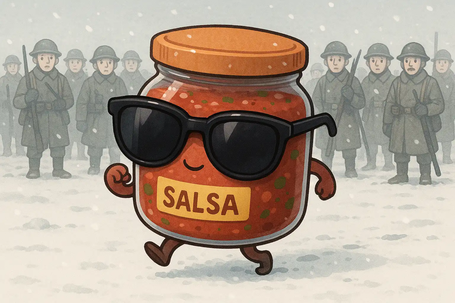 Chibi jar of salsa wearing oversized sunglasses, sneaking across a snowy battlefield and pretending to be mysterious.