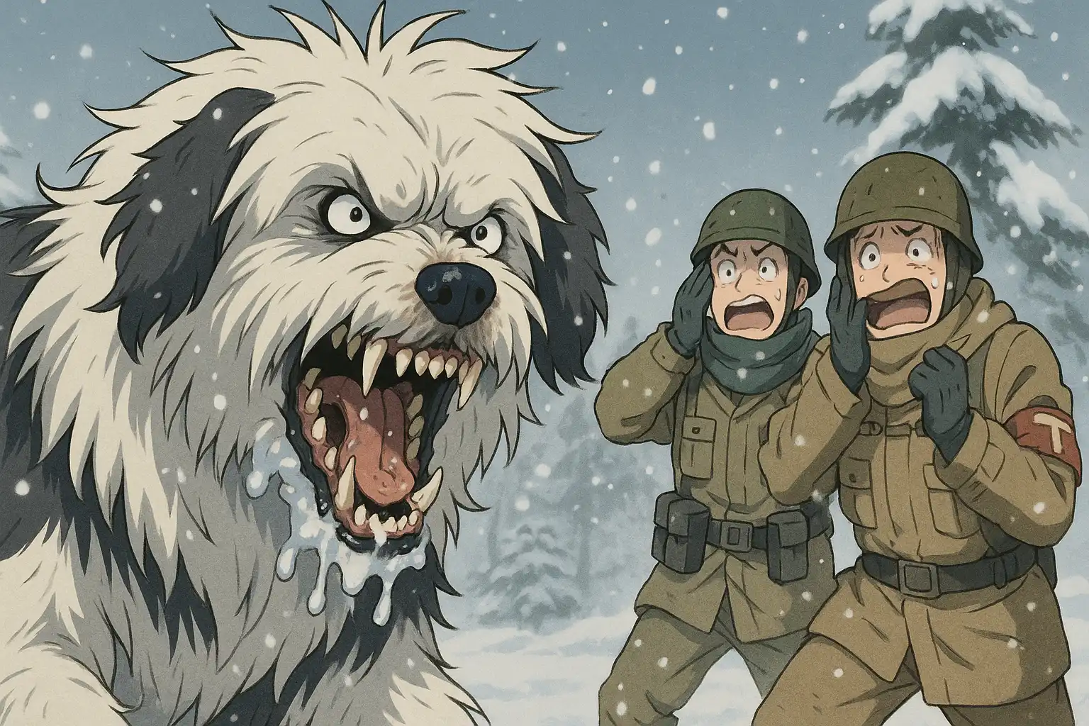 Anime-style Sheepdog with ruffled fur and a smug grin, standing in a snowy plaza while nervous onlookers whisper behind mittens.