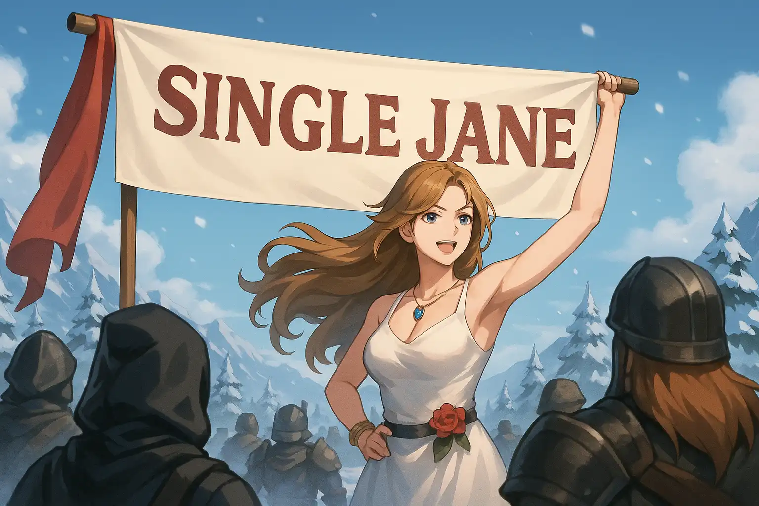 Anime-style Jane proudly unveiling a giant banner reading 'Single Jane' while snow drifts around her and stunned warriors look on.