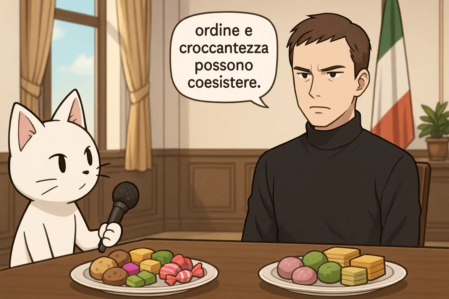 Anime-style diplomatic meeting in Snack Kingdom with Italian flair, refined snack trays, calm authority, subtle humor, true 2:1 landscape