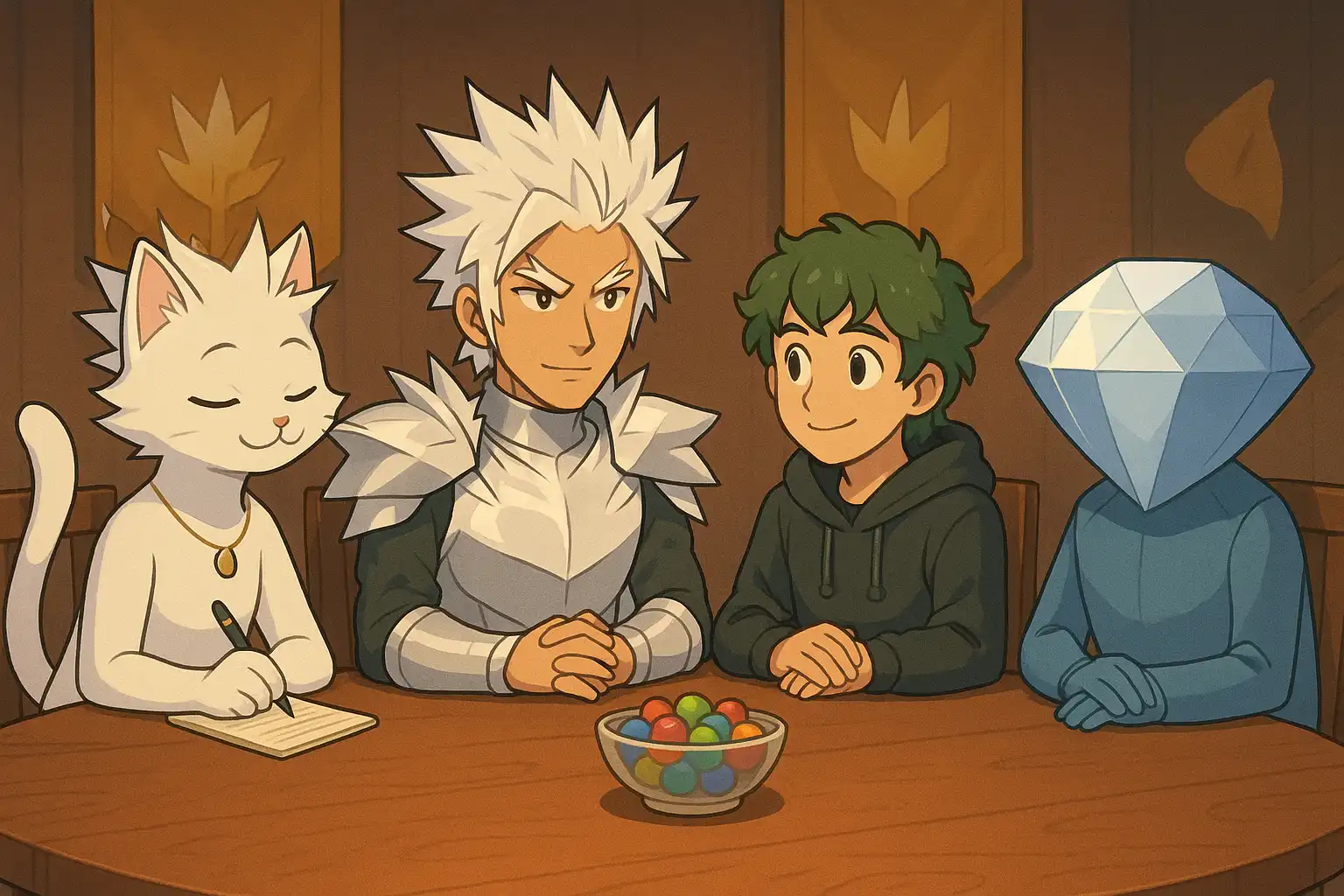 Anime-style sit-down interview scene in Snack Kingdom, leaders relaxed around a table with snacks, Catty taking notes with a knowing smile, warm lighting, calm confidence, true 2:1 landscape
