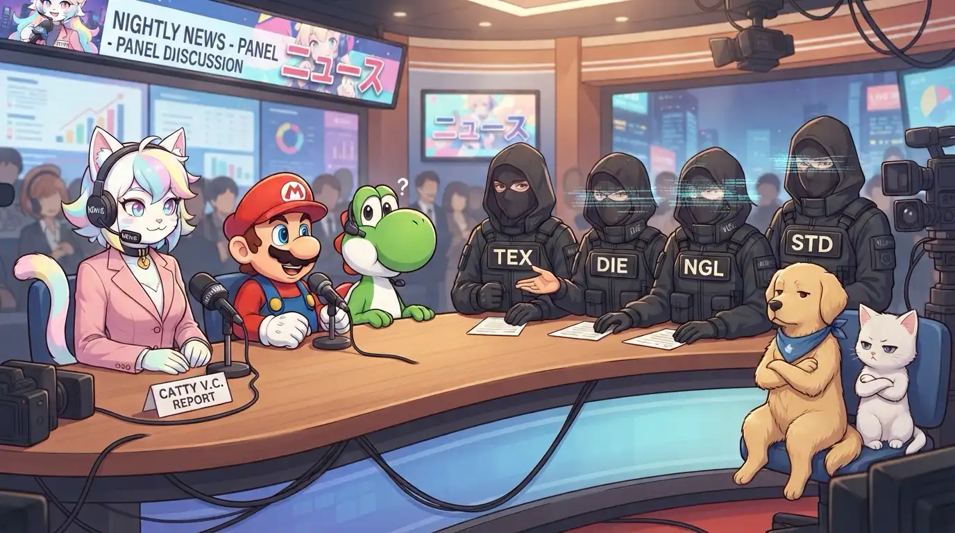 Anime-style news panel with Catty von Catacean in a pink blazer at the anchor desk alongside Hodey as Mario and Yoshi, facing hooded figures labeled TEX, DIE, NGL, and STD, while Denv the golden retriever and STRESSballs the white cat sit with their arms crossed in the corner