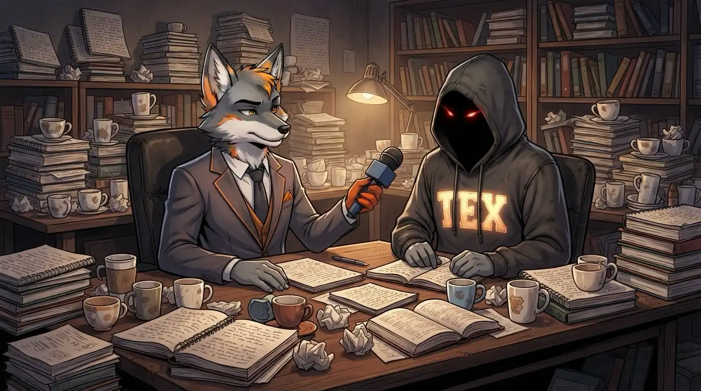 Greigh Fox the fox in a brown suit sits across a table from a hooded figure with glowing red eyes who is still talking, surrounded by stacks of full notebooks and empty coffee cups