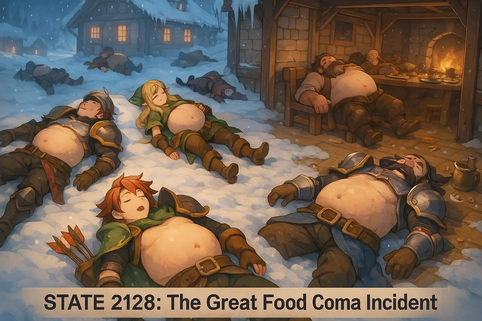 Anime-style fantasy warriors and villagers lying sprawled across snow and banquet tables after a massive feast, bellies sticking up, plates and mugs scattered, alliance banners drooping in the background, everyone visibly stuffed and half-asleep, 2:1 landscape