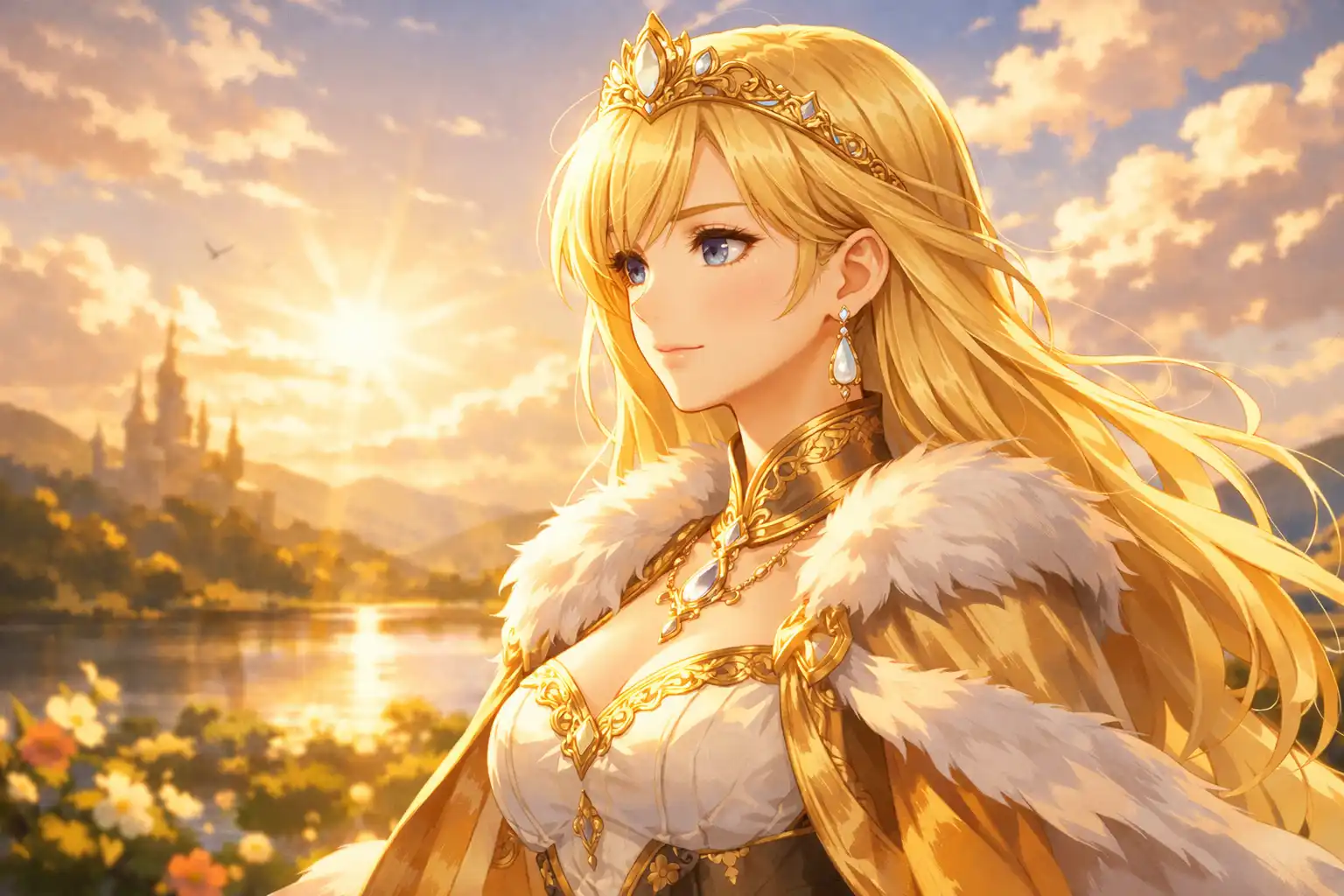Landscape anime-style illustration of a radiant blonde woman bathed in warm sunlight, posed regally with soft highlights and an unmistakably polished profile-picture aura