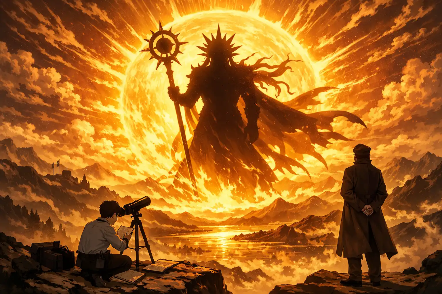 Landscape anime-style illustration of a stern, mythic sun deity rendered in silhouette, radiating heat and authority, observed analytically from a distance