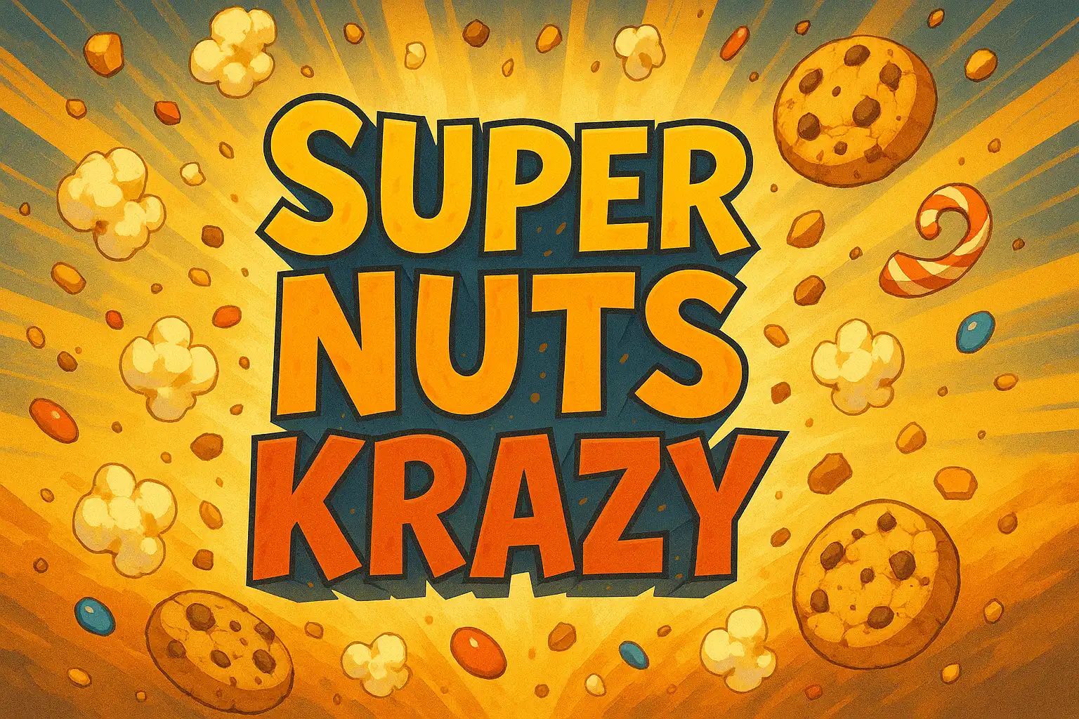 Anime-style propaganda poster reading 'SUPER NUTS KRAZY' in bold playful lettering, snack imagery exploding around the text, popcorn, cookies, candy flying, chaotic but cheerful design, true 2:1 landscape
