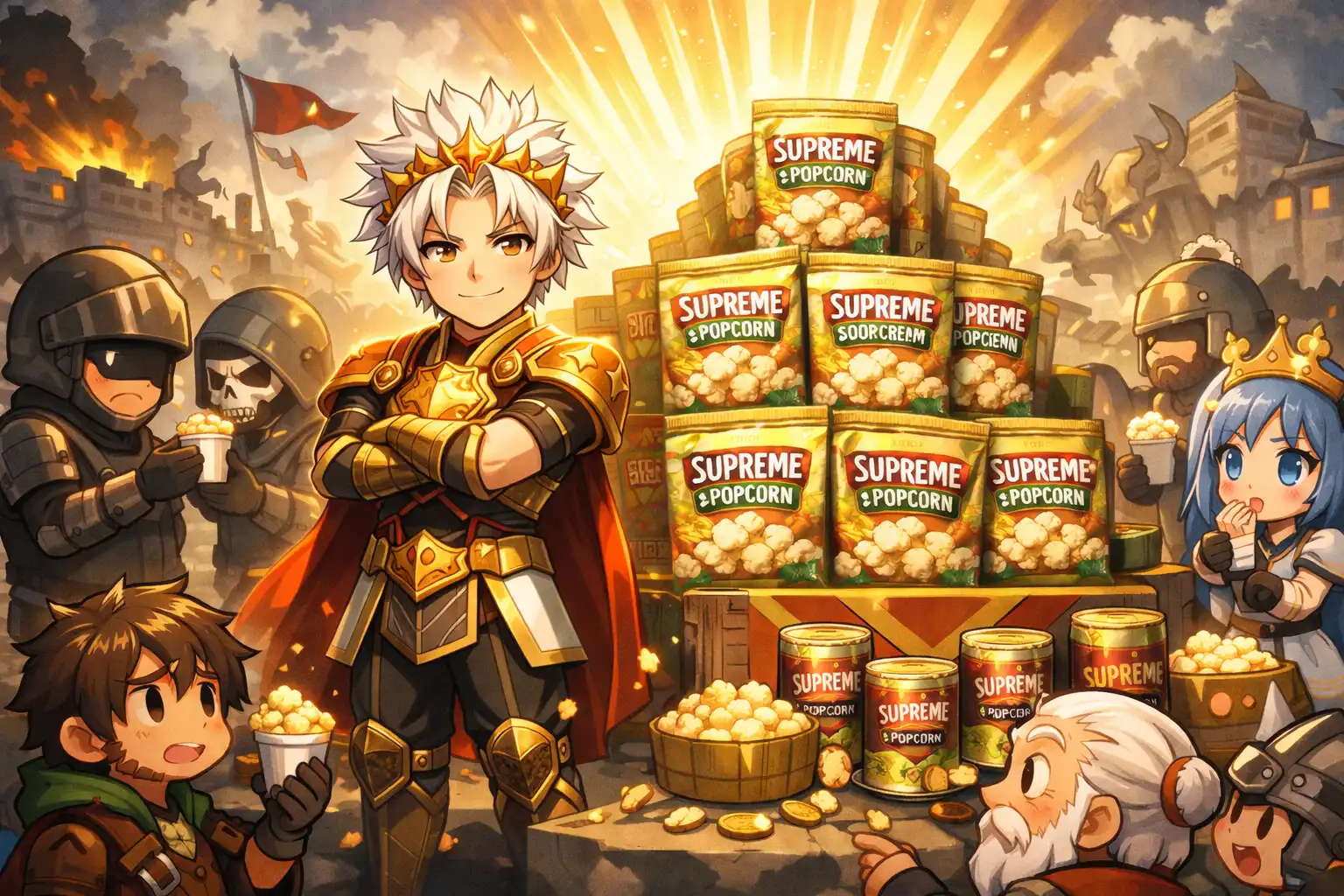 Supreme President Nika, arms crossed proudly, stands beside a glowing pyramid of popcorn bags while confused citizens accept samples from HAVOC soldiers.