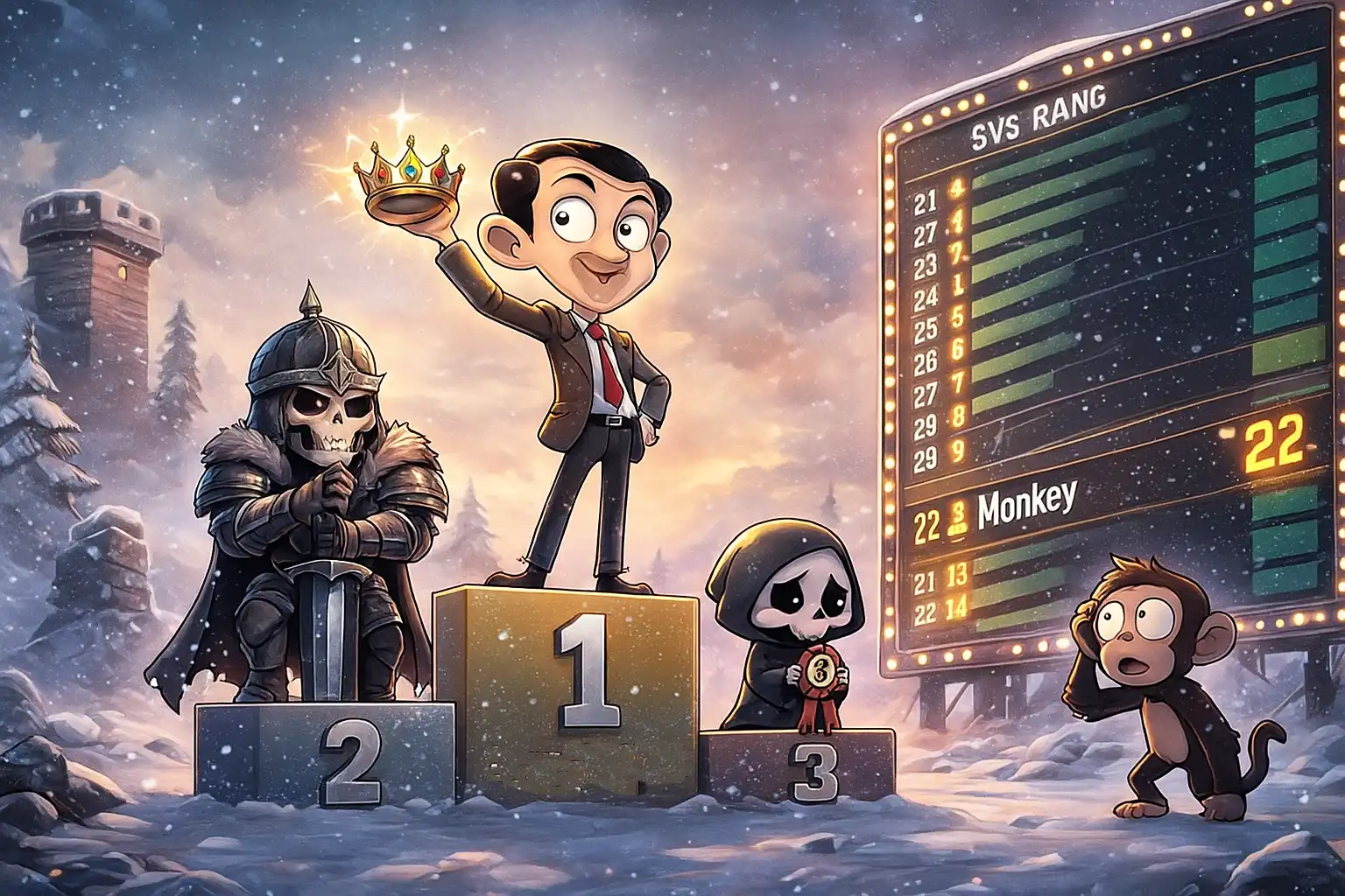Chibi baby Death holding a tiny silver trophy while a confused cartoon monkey stares at a glowing '22' on the leaderboard in an anime-style snowy battlefield, true 2:1 landscape