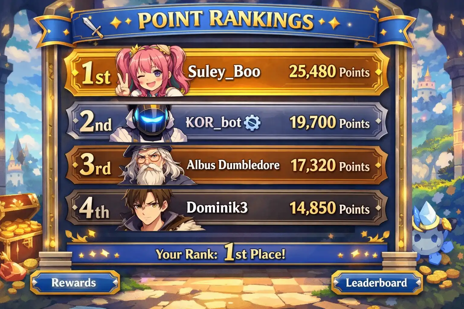 Game leaderboard showing personal point rankings with Suley_Boo in first place, bot account second, and Albus Dumbledore in third, all from State 2116