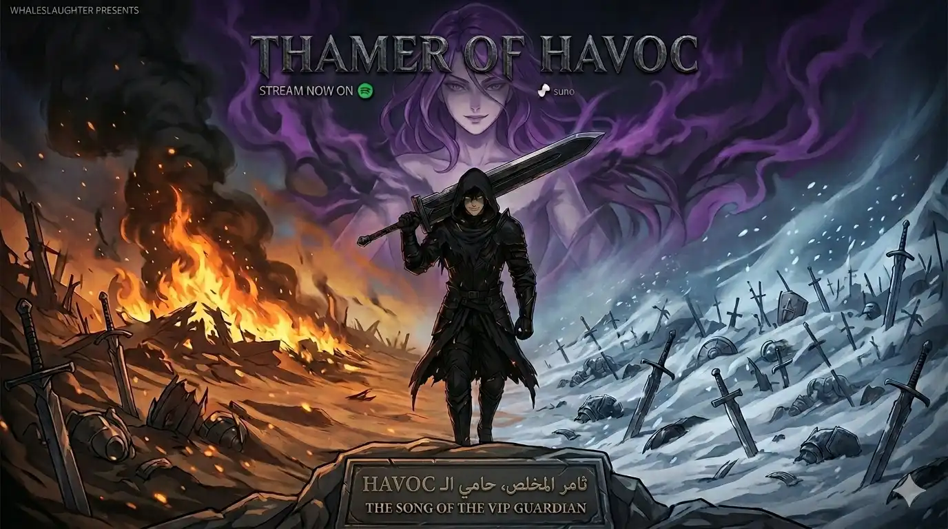 A hooded warrior in black armor carrying a massive sword, walking between a field of fire and a frozen wasteland, with a spectral purple-haired figure looming in the background