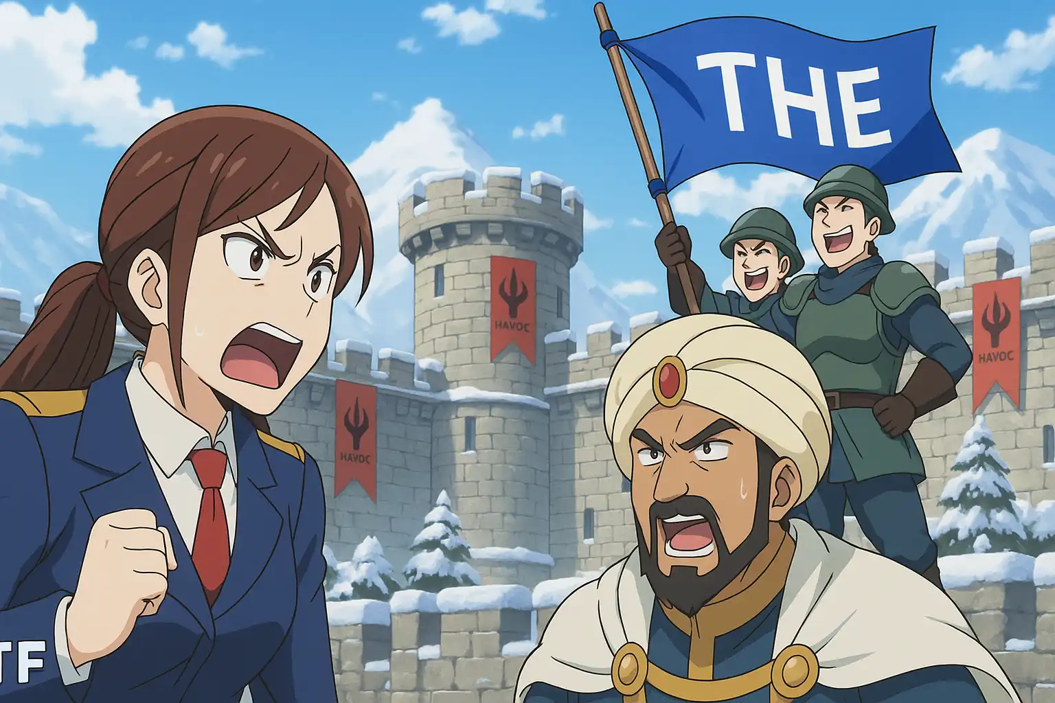 ETF commanders Bell A and Sultan shouting in outrage as THE soldiers raise their banner over a snowy castle in the distance.