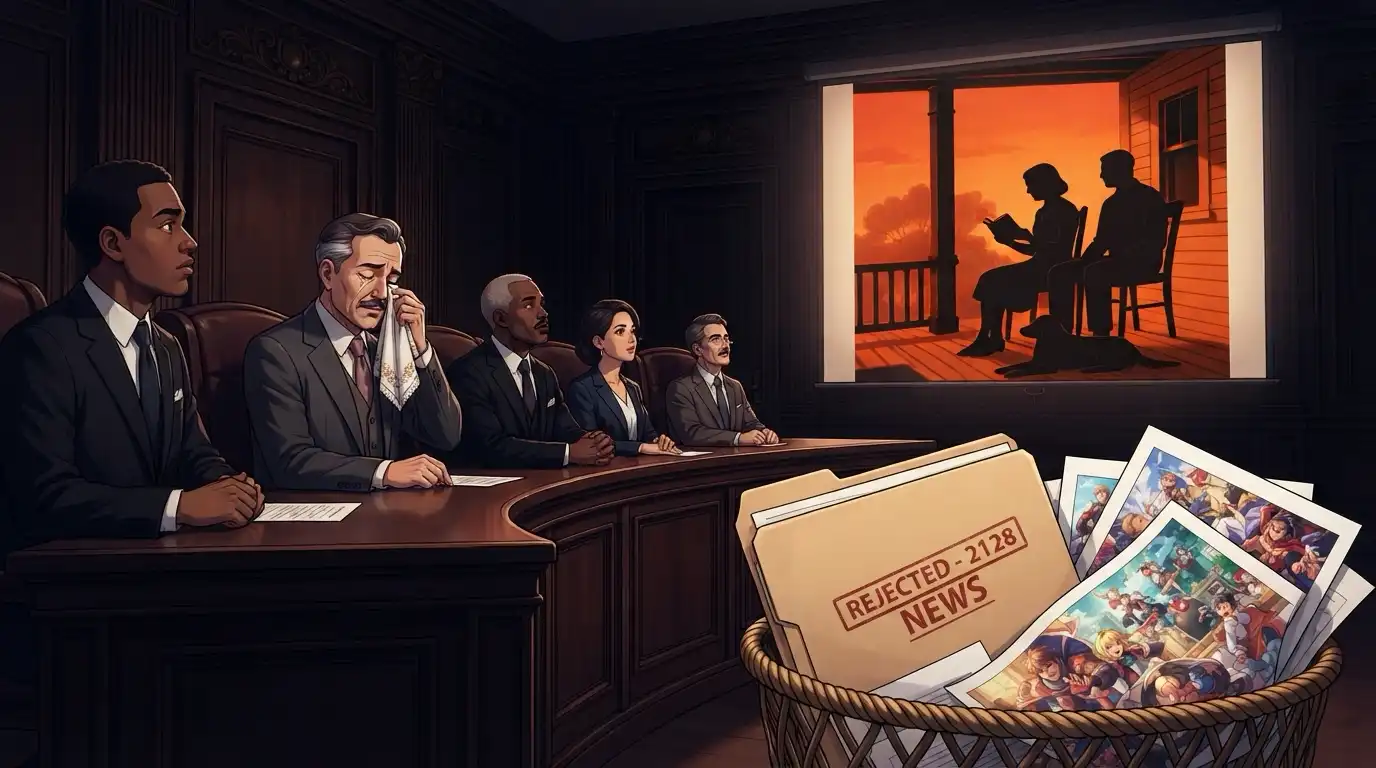 Five journalism judges sit at a bench, one weeping into a handkerchief, transfixed by a porch silhouette on the screen while a basket in the foreground overflows with rejected 2128 News anime artwork stamped REJECTED - 2128 NEWS