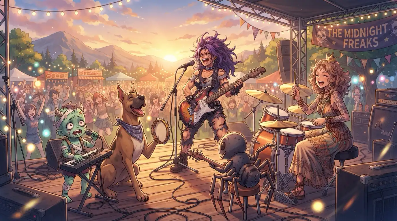 An outdoor festival stage at sunset featuring State 2128 artists rocking out, with string lights, a cheering crowd, and a banner hanging overhead