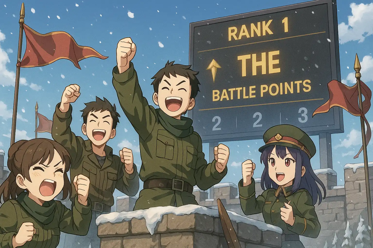 Anime-style scene of THE soldiers cheering atop a snowy fortress as banners wave and the scoreboard glows triumphantly in the cold light.