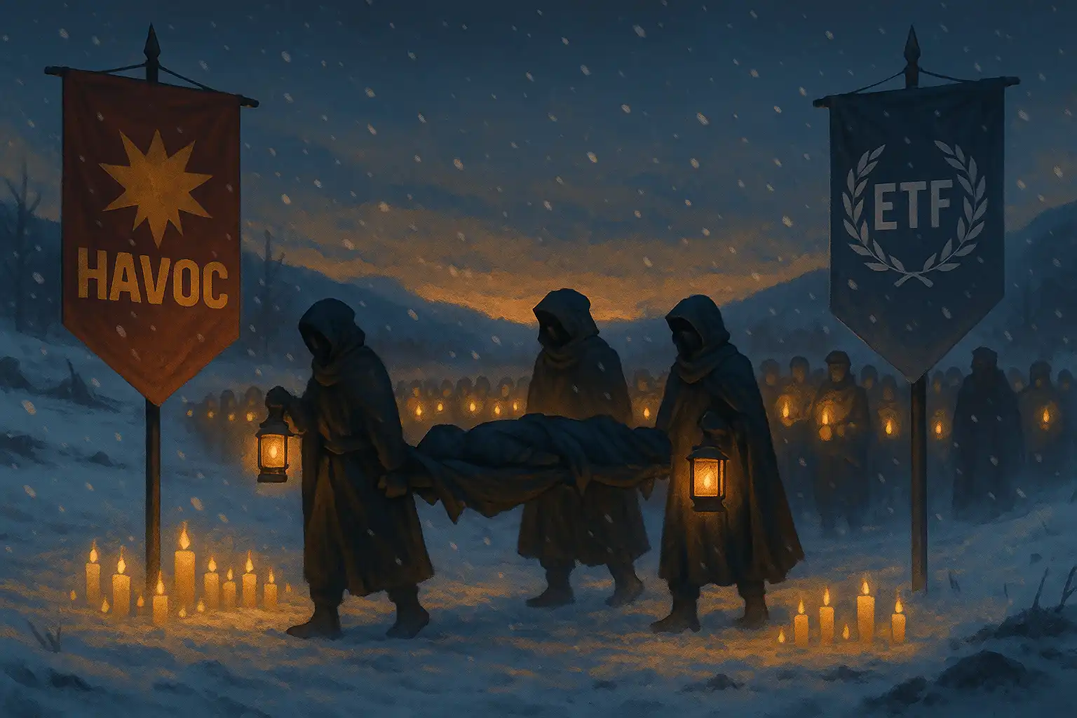 Snowy dusk on the battlefield; HAVOC banners flank a candlelit procession as allies carry lanterns in solemn march.