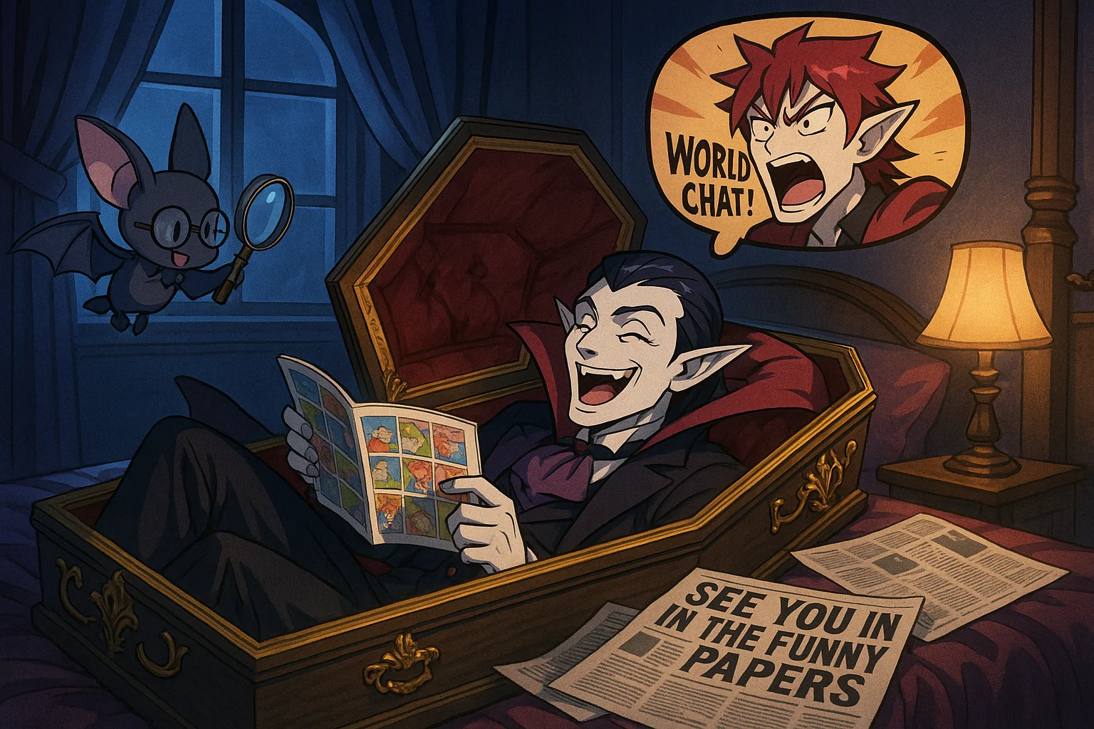 Anime scene of Vampire lounging in his red-velvet coffin reading colorful comic strips by candlelight while a small bat hovers nearby; headline reads "See You in the Funny Papers."