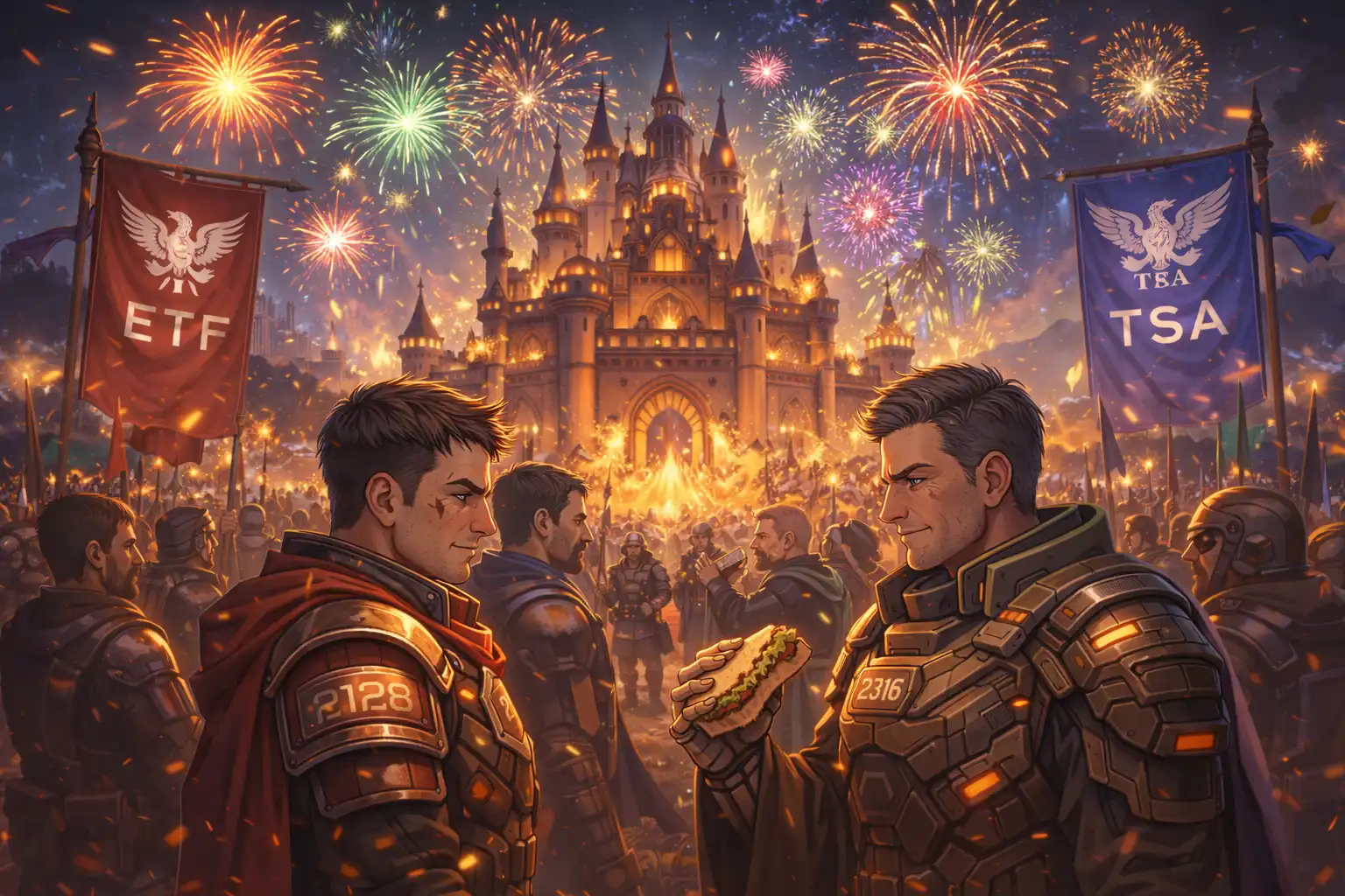 Documentary-style landscape of the Sunfire Castle illuminated by fireworks, with ETF and TSA banners flying high while exhausted but proud troops from both 2128 and 2316 share a respectful nod in the foreground