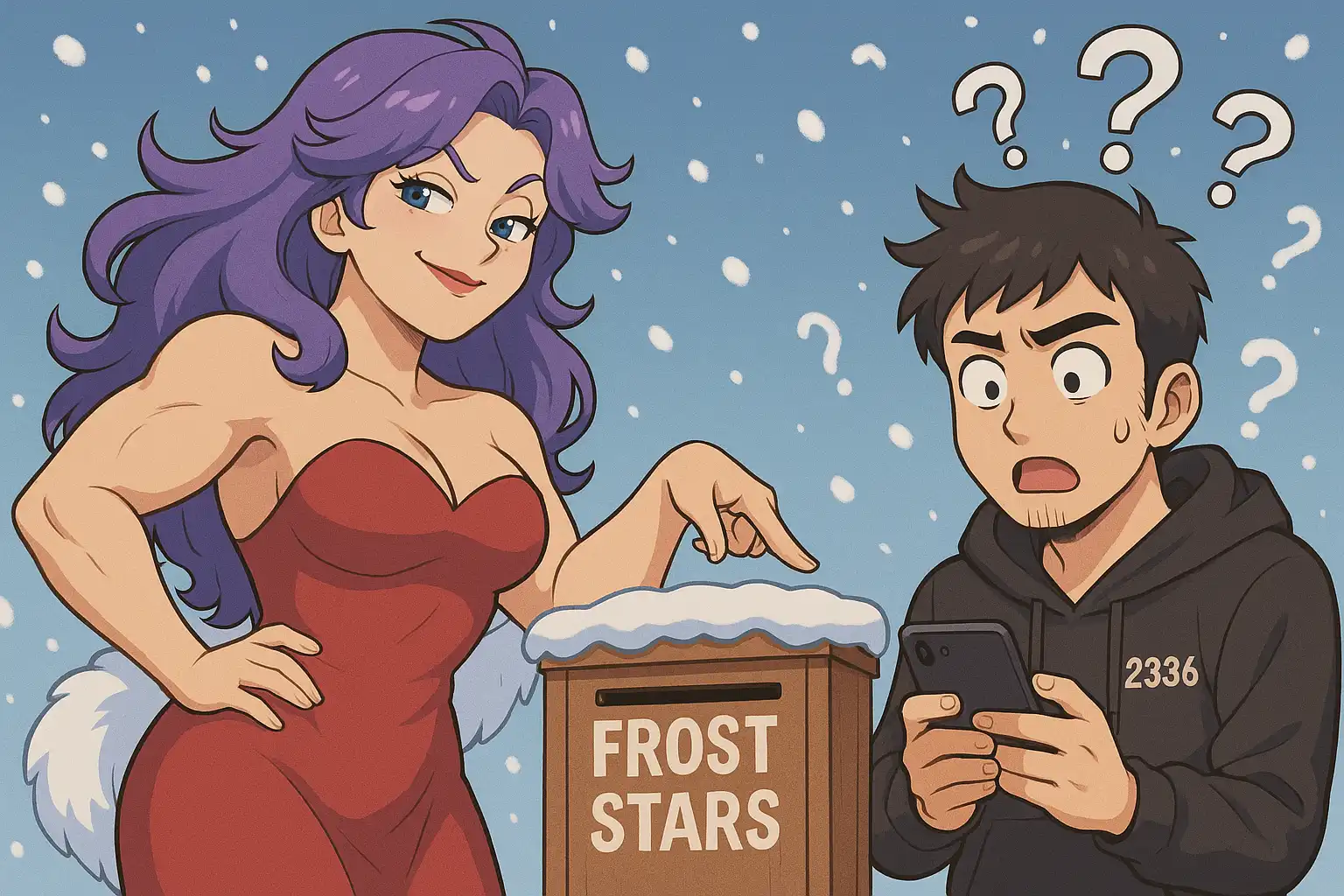 Anime-style Whalerilyn Monroe with purple hair and muscles, smirking beside a donation box labeled 'Frost Stars,' while a confused chibi-style warrior checks his phone as question marks swirl overhead in a snowy landscape.