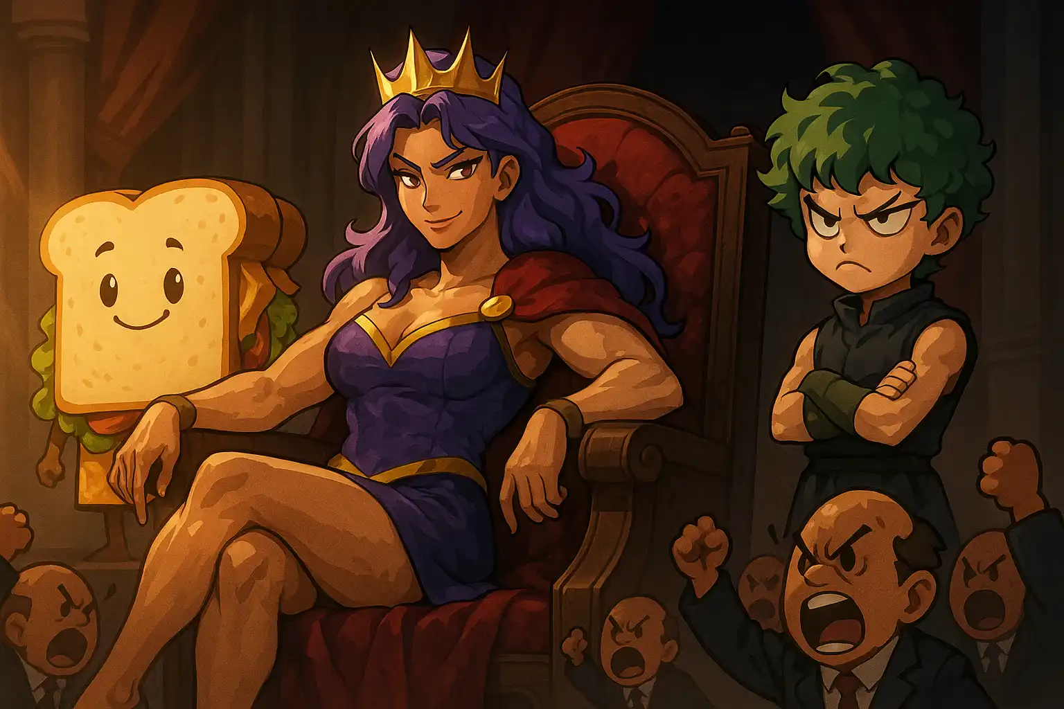 Anime queen with purple hair lounging on a throne while two loyal advisors stand beside her, tiny furious leaders shouting from below, dramatic lighting, true 2:1 landscape