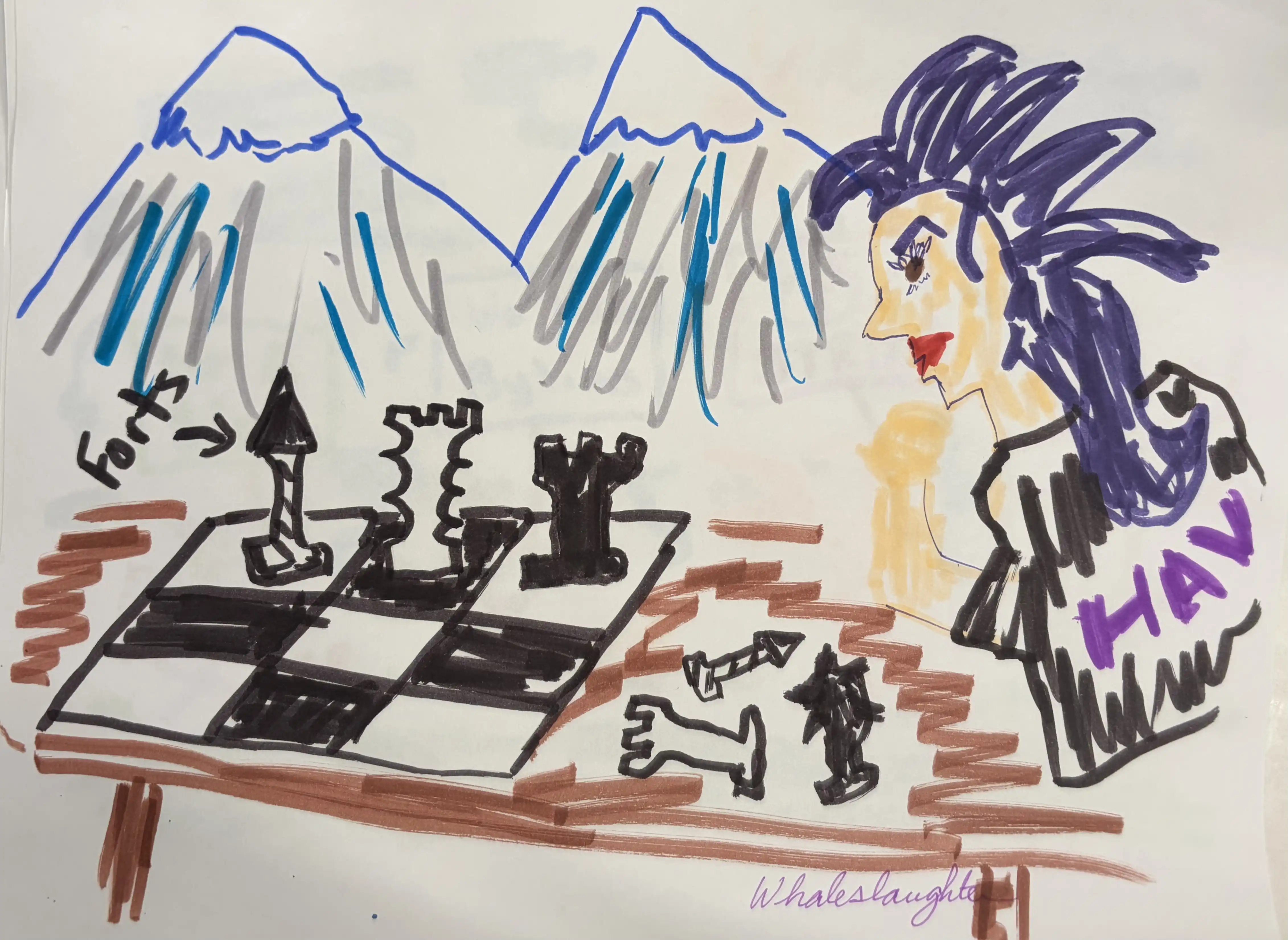 a hand drawn chess board with fortresses on it, one alliance piece looking very nervous, whaleslaughter in the corner looking extremely pleased with herself holding a clipboard
