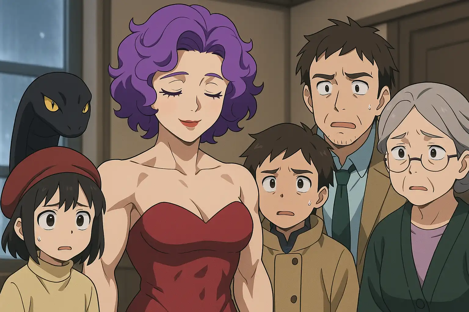 Anime-style Whalerilyn leaning on a vintage microphone, violet curls haloed by stage light as uneasy alliance members peek from the wings, unsure whether to clap or call for backup.
