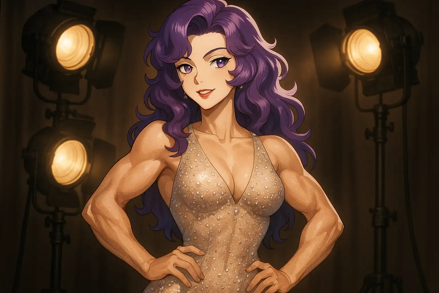 Anime-style Whaleslaughter in a skin colored gown, violet curls glowing under studio lights as she smiles like she's both forgiven and plotting — equal parts redemption arc and movie star debut.