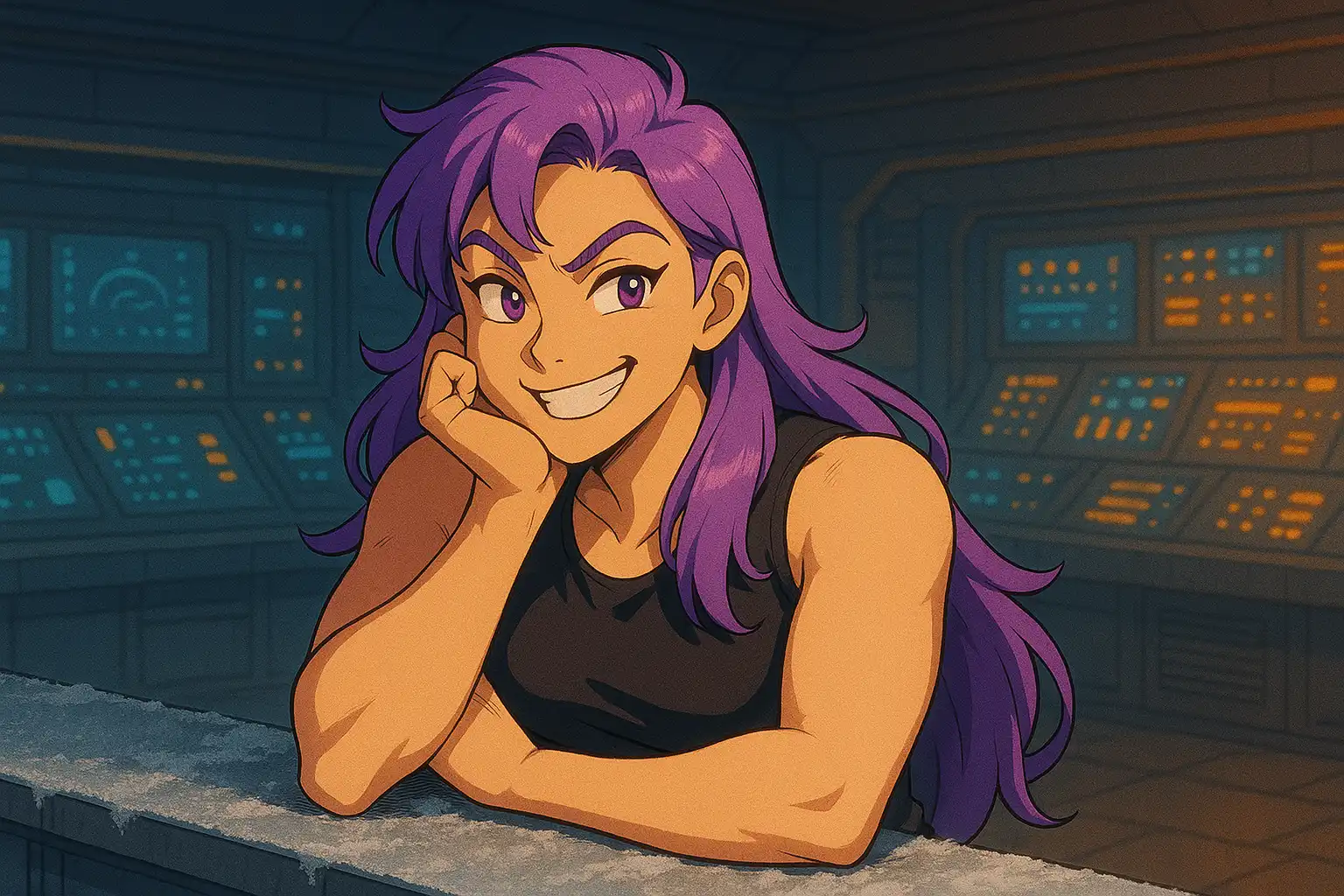 Anime-style muscular woman with purple hair pausing mid-thought at a frost-covered command desk, one eyebrow raised in mild confusion, glowing control panels behind her, true 2:1 landscape