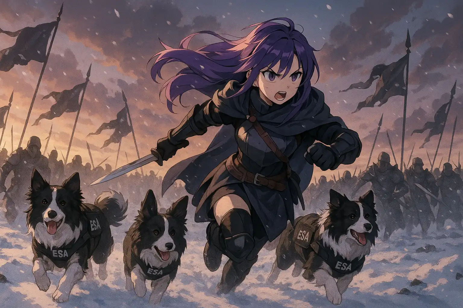 Anime-style snowy battlefield at dawn, Whaleslaughter charging forward with two determined sheepdogs beside her against overwhelming opposing forces; dramatic lighting, flags whipping in the wind, 2:1 landscape