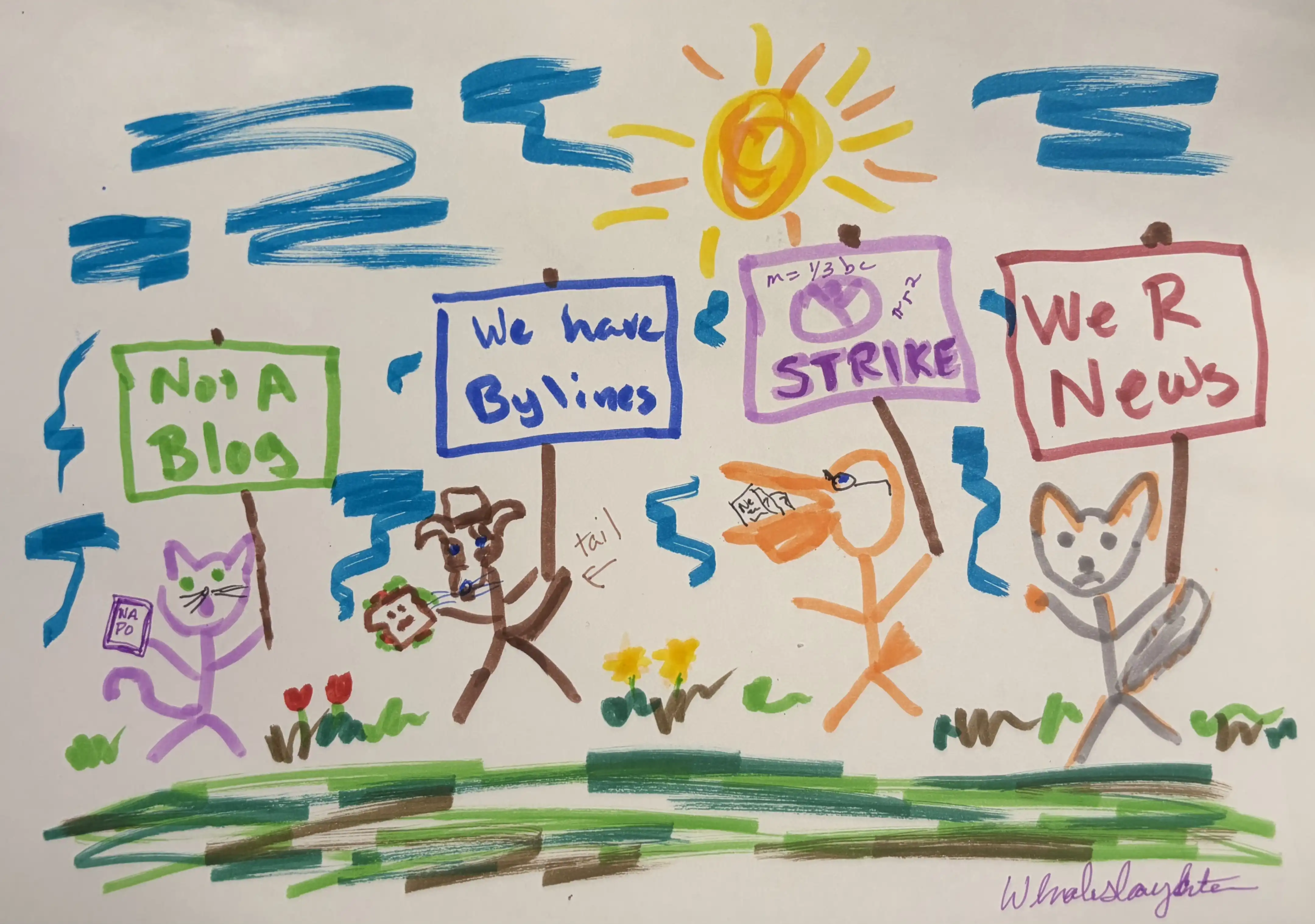 another hand drawn image of the picket line but griff is sitting down eating a sandwich, catty is checking her phone, finn ledger has added more data to his sign, greigh fox is still holding his formal objection but it looks like he wrote it on a napkin