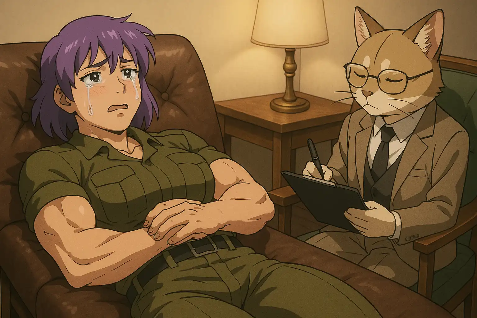 Anime-style Whaleslaughter reclining dramatically on a therapist's couch while a clipboard-wielding cat in glasses nods sympathetically.
